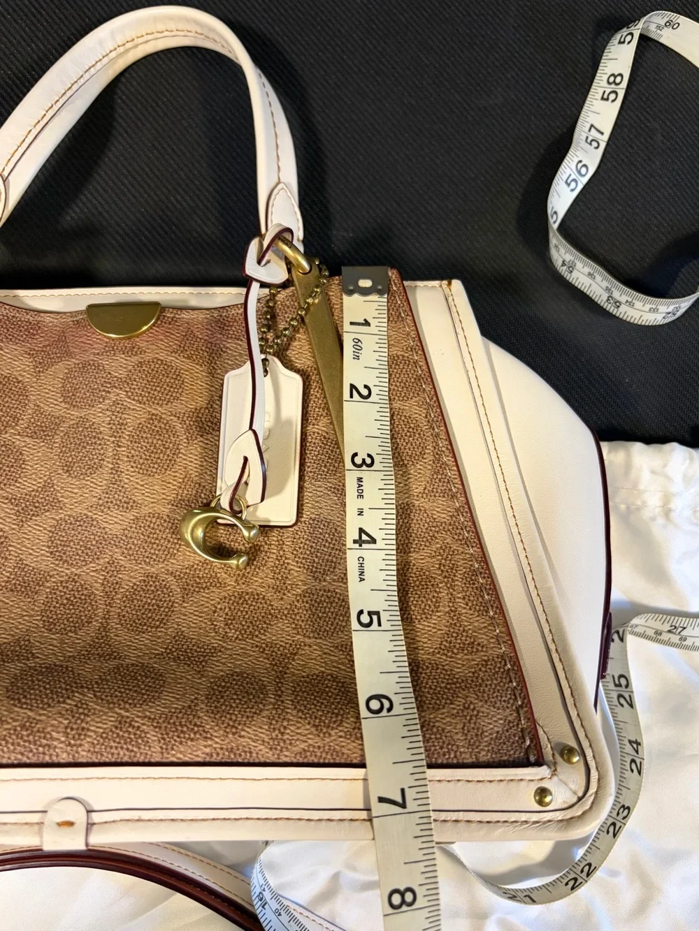 Coach Dreamer Brown Signature Satchel with Cream Trim and Gold Hardware
